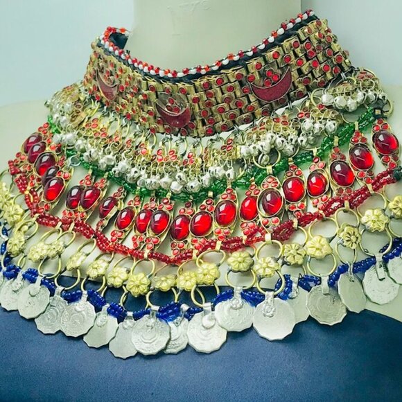 Red Stones Afghan Necklace, Vintage Coins Multilayer Choker Necklace, Gypsy - Picture 3 of 14